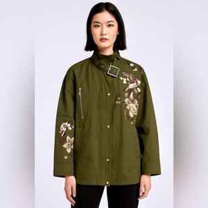 UPCYCLED Olive Utility Jacket with Floral Embroidery sz Medium